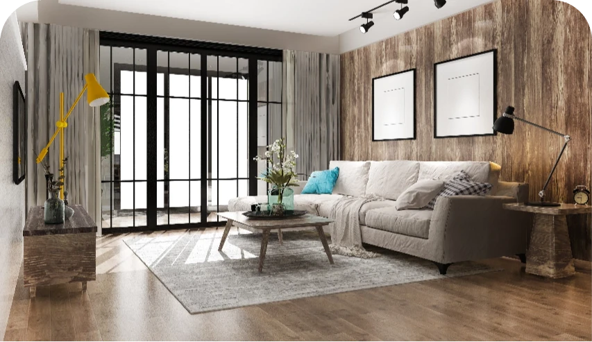 Loft-Wohnzimmer mit Holzwandverkleidung, hellem Sofa und gelber Stehlampe