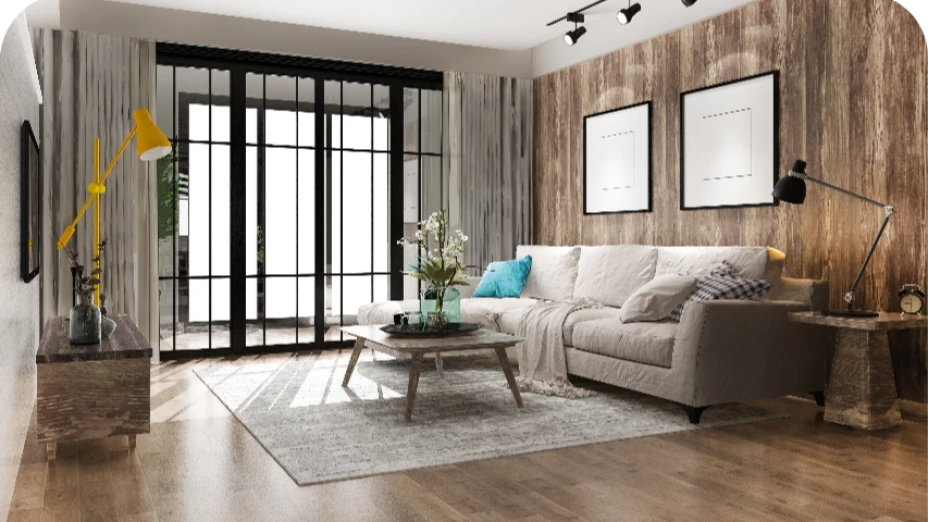 Loft-Wohnzimmer mit Holzwandverkleidung, hellem Sofa und gelber Stehlampe